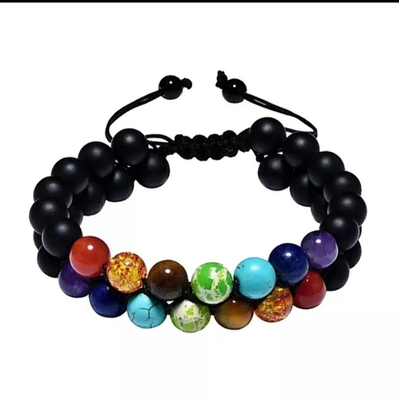 natural blue obsidion Chakra stones double layer adjustable boho bracelet nwt - Picture 3 of 4